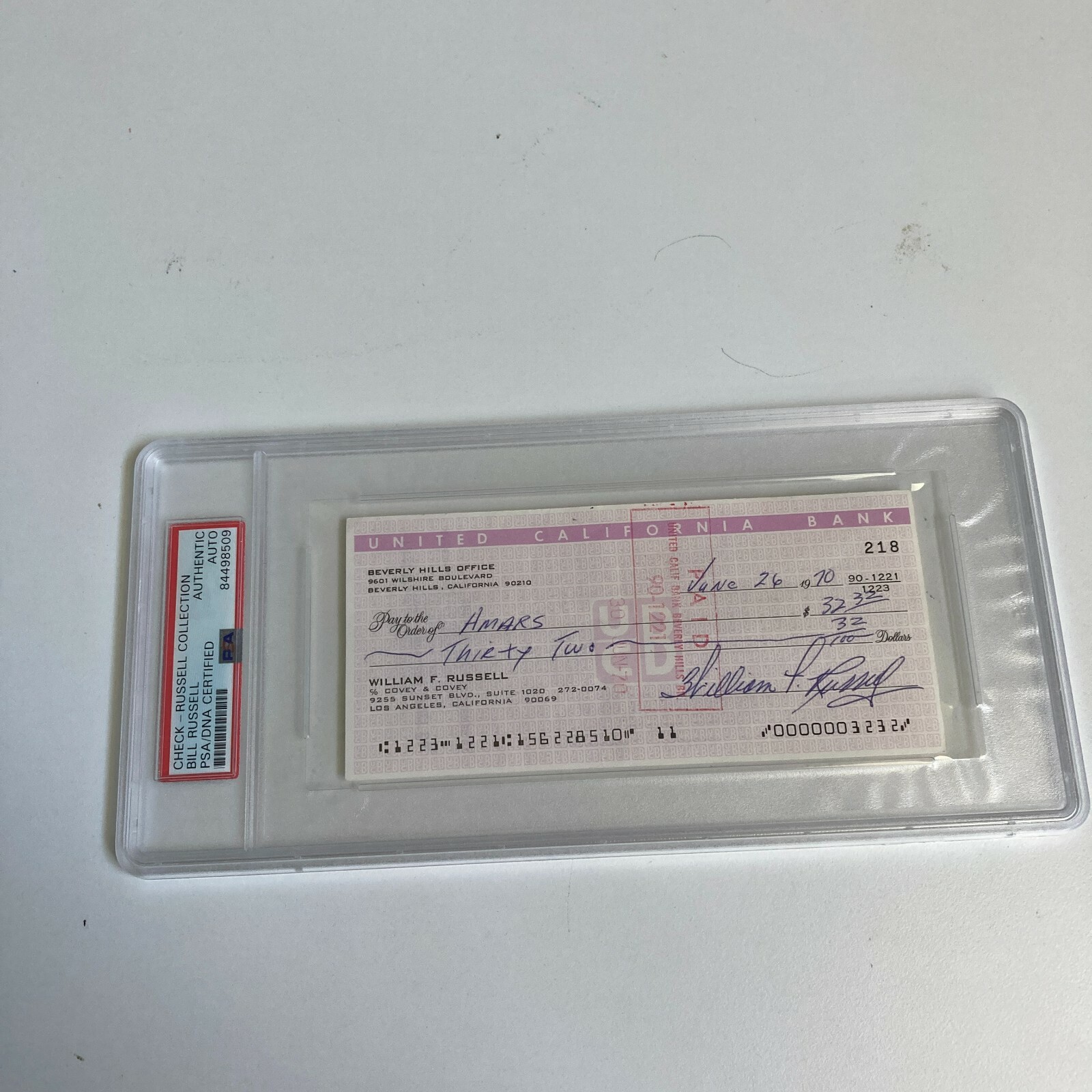 Bill Russell Signed Autographed Bank Check PSA DNA Boston Celtics HOF Legend