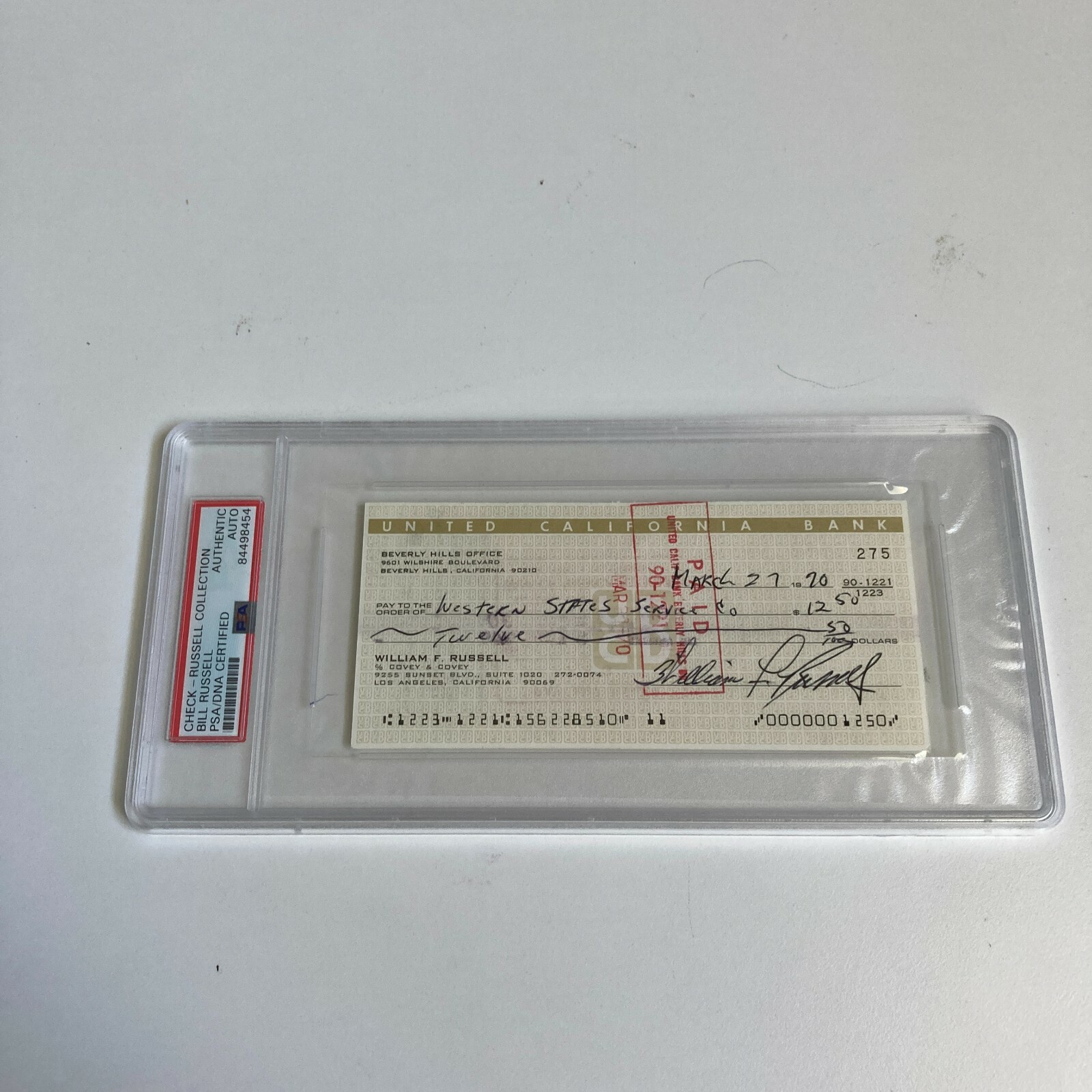 Bill Russell Signed Autographed Bank Check PSA DNA Boston Celtics HOF Legend