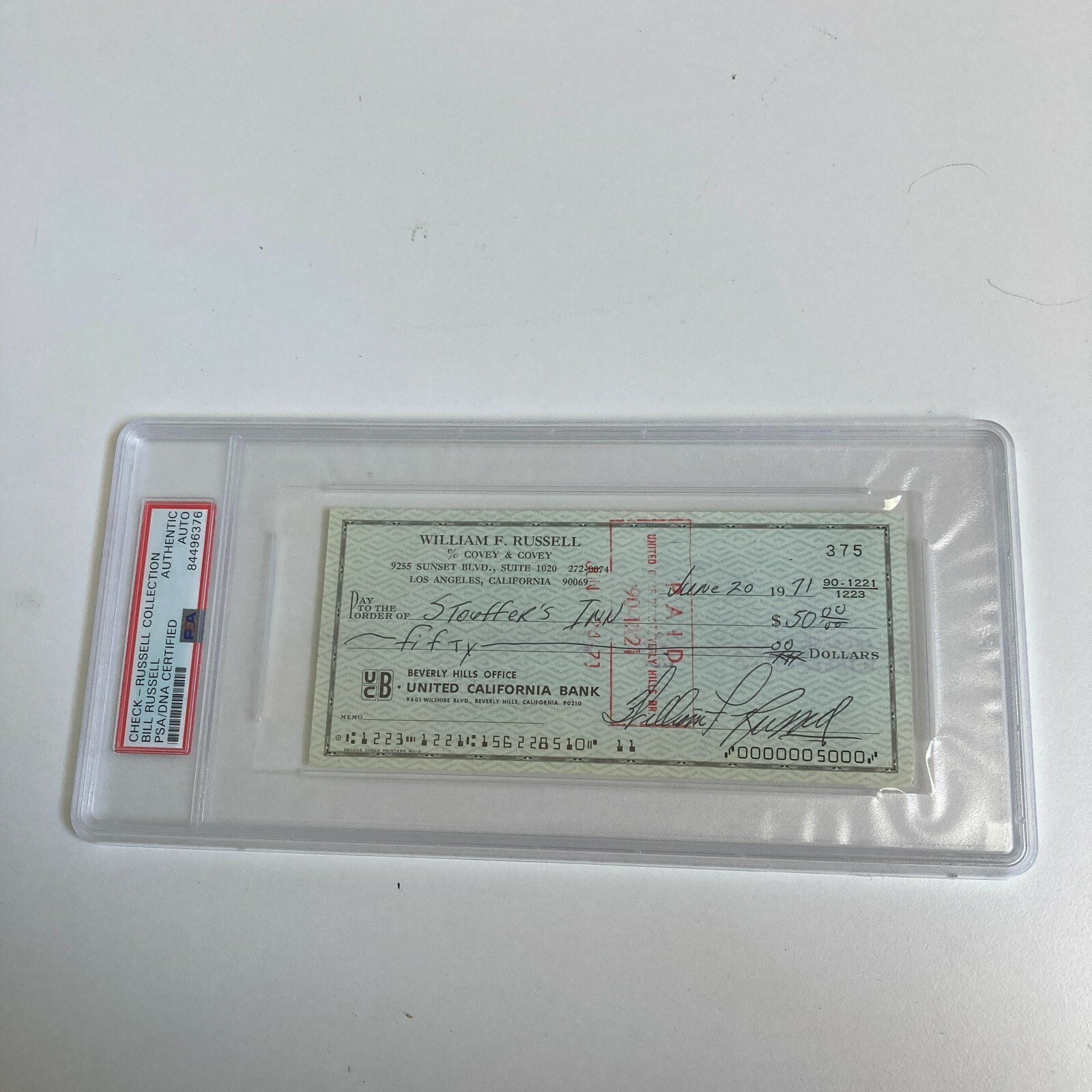 Bill Russell Signed Autographed Bank Check PSA DNA Boston Celtics HOF Legend