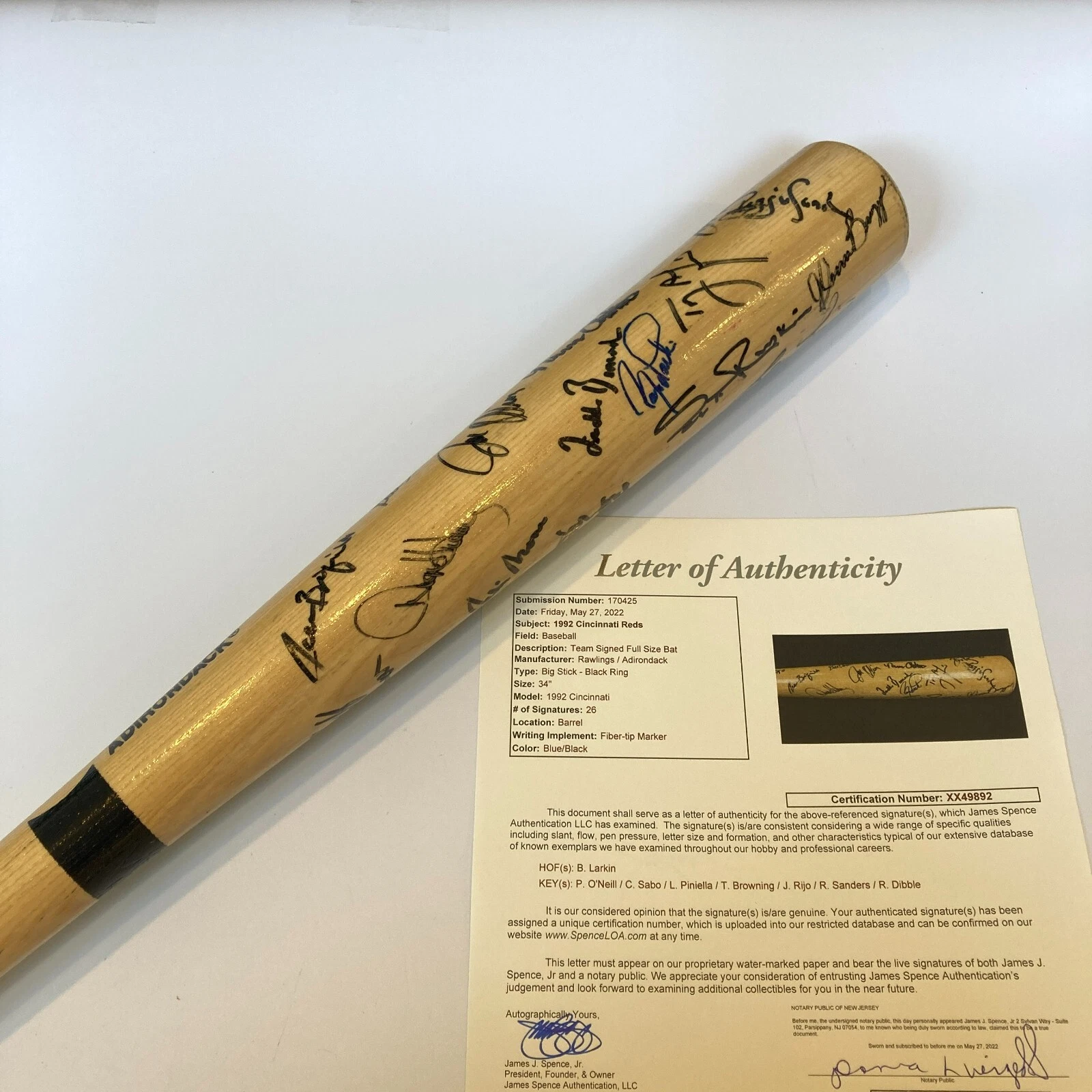 1992 CINCINNATI REDS TEAM SIGNED BASEBALL BAT 26 SIGS BARRY LARKIN JSA COA COLLECTIBLE MEMORABILIA