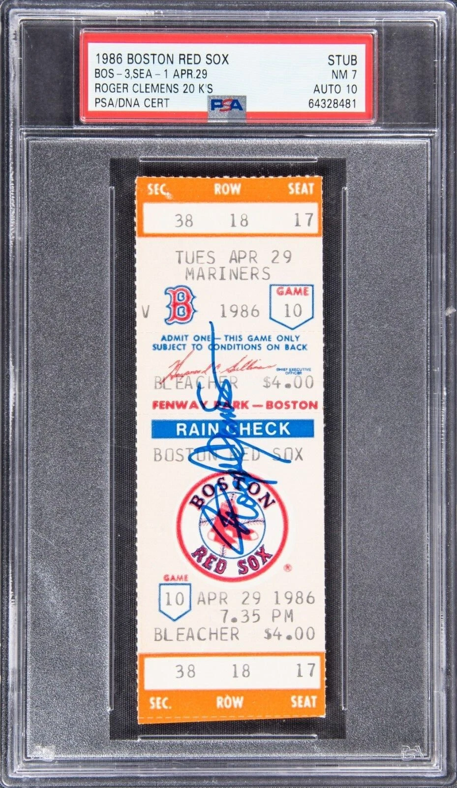 Roger Clemens Signed 1986 First 20 Strikeout Game Ticket PSA 7 Auto 10 POP 1!