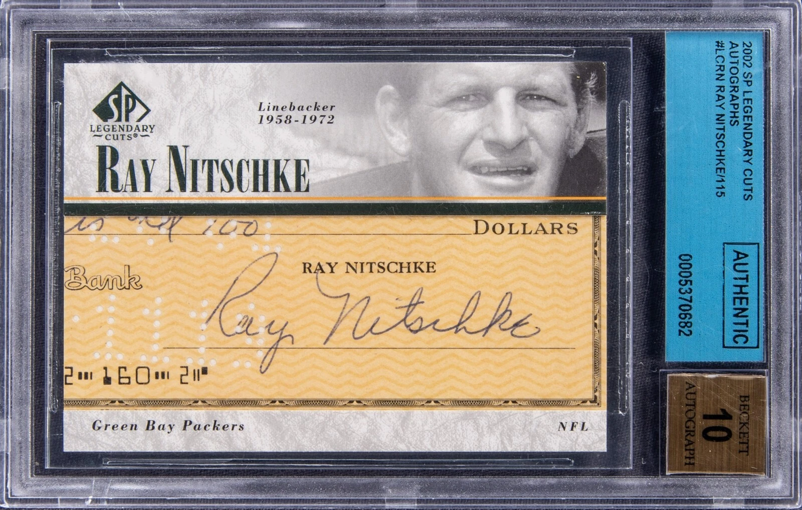 2002 Upper Deck SP Legendary Cuts Autographs Ray Nitschke BGS Auto 10 Packers