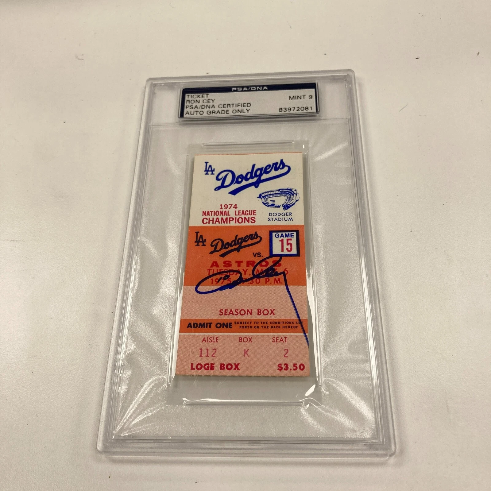 Ron Cey Signed 1975 Los Angeles Dodgers Ticket PSA DNA MINT 9