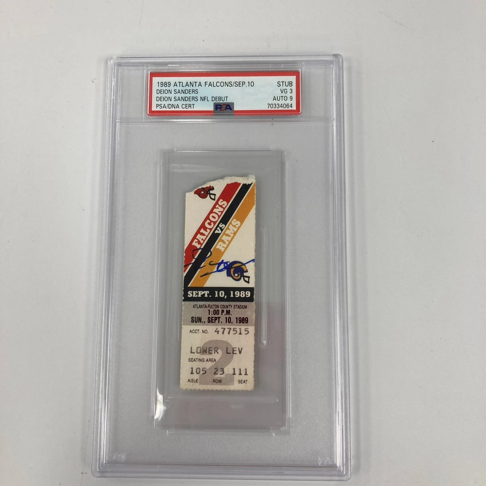 Deion Sanders Signed NFL Debut Ticket September 10, 1989 PSA DNA Auto MINT 9