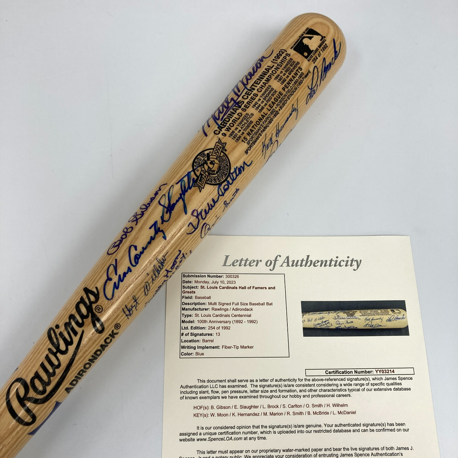 Beautiful St. Louis Cardinals Hall Of Fame Multi Signed 1992 Centennial Bat JSA