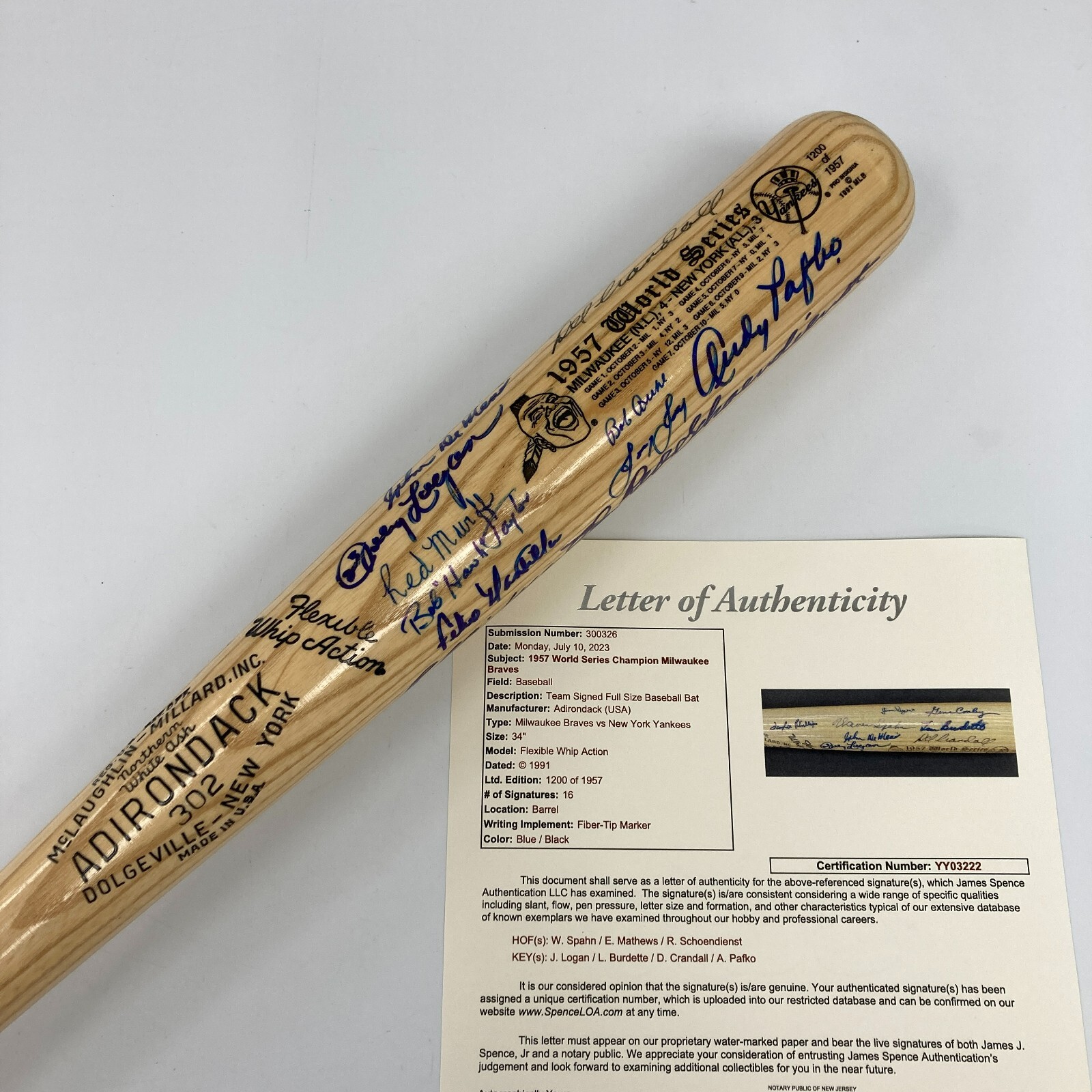 1957 MILWAUKEE BRAVES WORLD SERIES CHAMPS TEAM SIGNED BAT JSA COA COLLECTIBLE MEMORABILIA