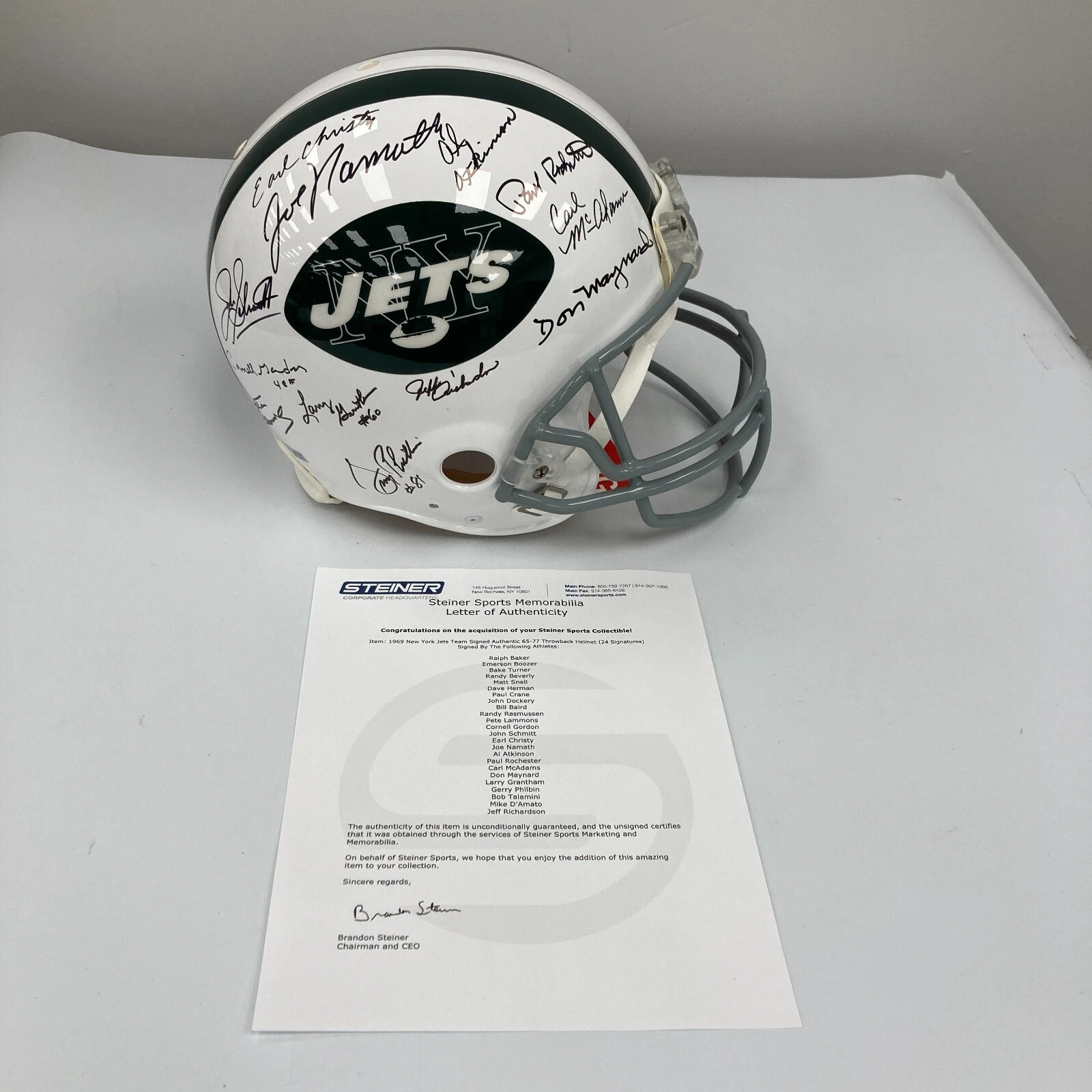 1969 NEW YORK JETS SUPER BOWL CHAMPS TEAM SIGNED AUTHENTIC GAME HELMET STEINER COLLECTIBLE MEMORABILIA