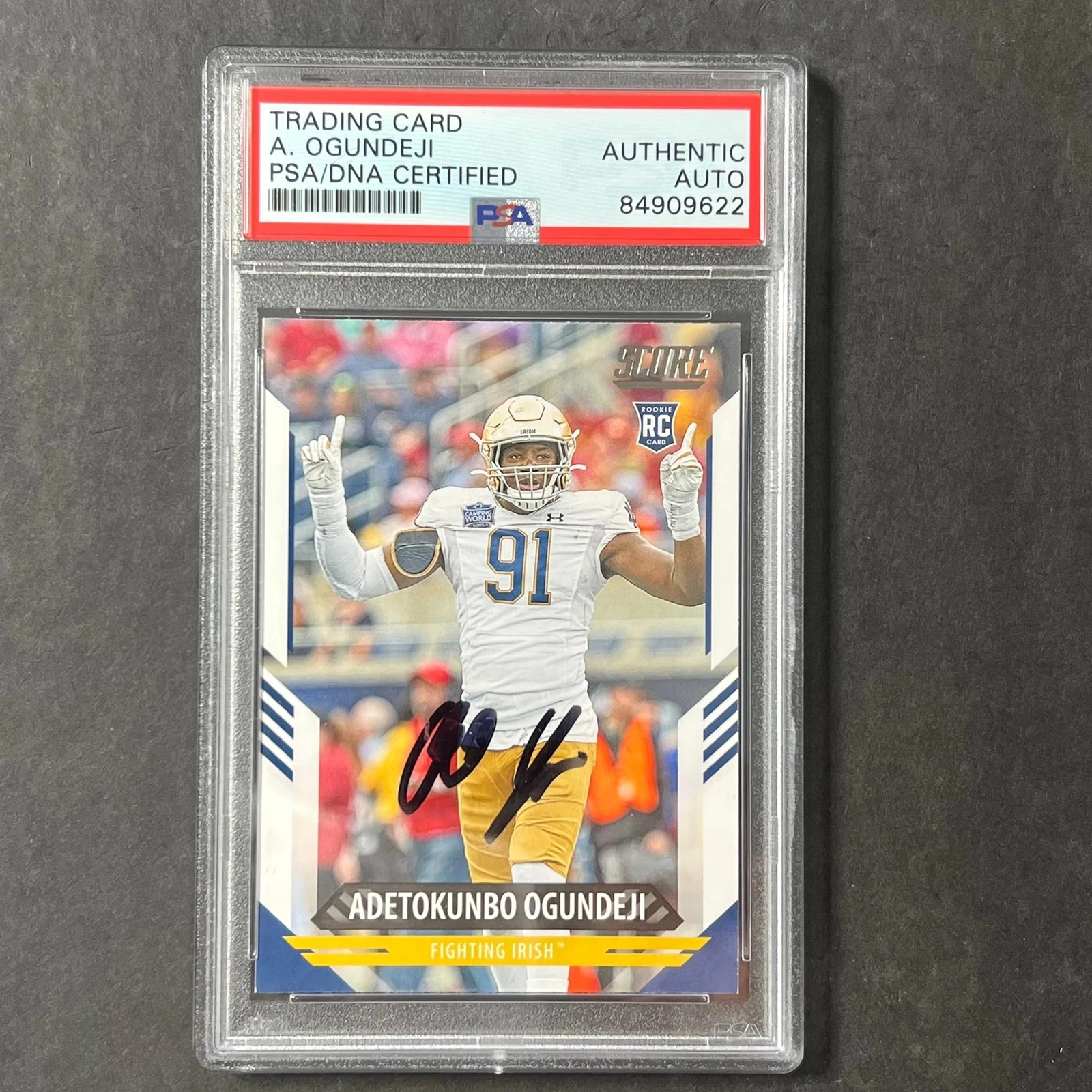 2021 Panini Score #395 Adetokunbo Ogundeji Signed card Auto PSA/DNA Notre Dame F