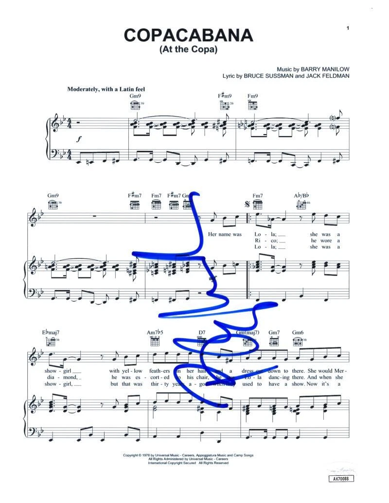 BARRY MANILOW SIGNED AUTOGRAPH COPACABANA (AT THE COPA) SHEET MUSIC W/ JSA COA COLLECTIBLE MEMORABILIA