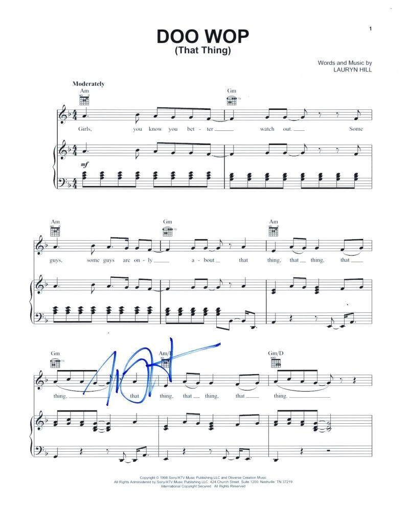 Lauryn Hill Fugees Signed Autograph Doo Wop (That Thing) Sheet Music