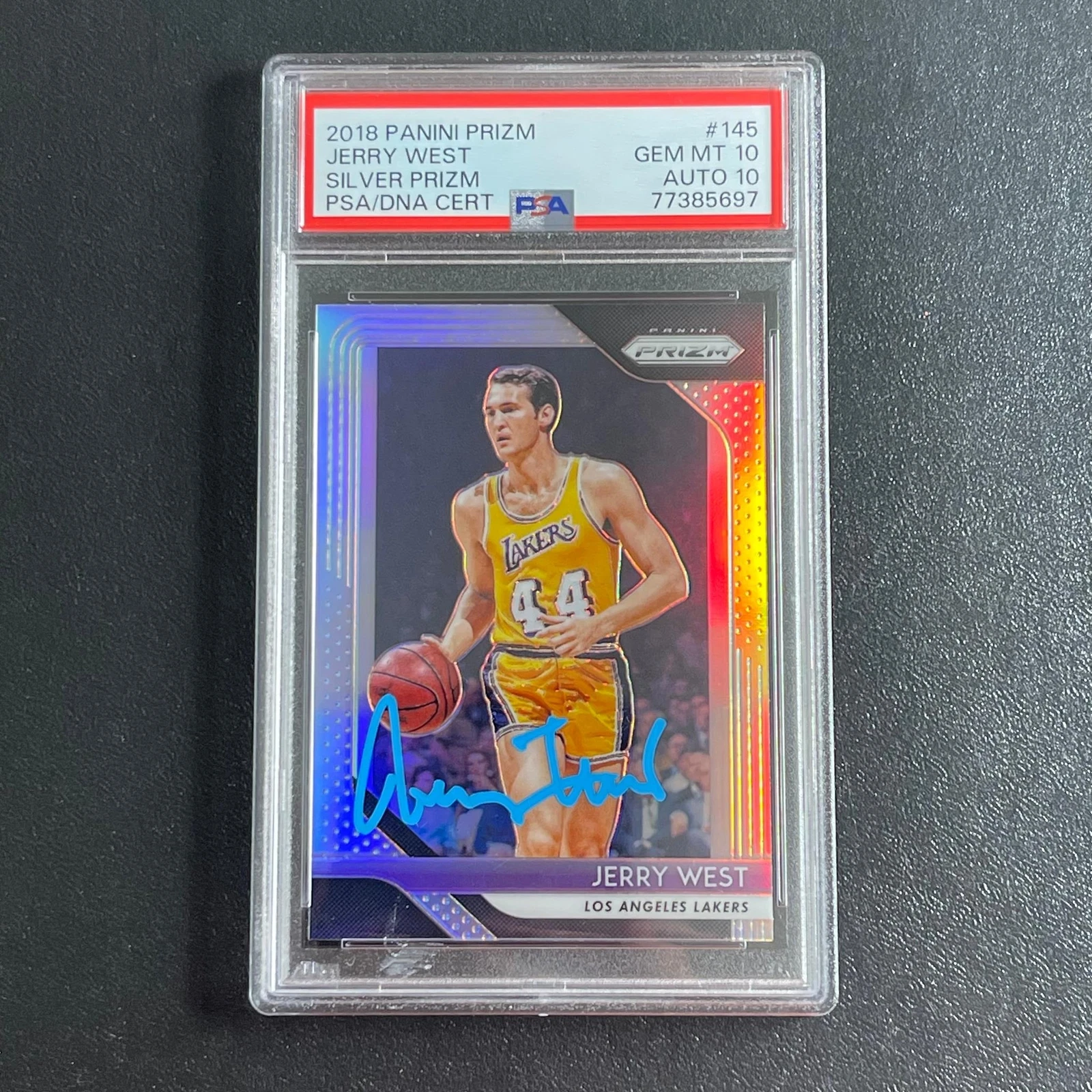 2018-19 Panini Prizm Silver #145 JERRY WEST Signed Card GEM MT 10 Auto 10 PSA Sl