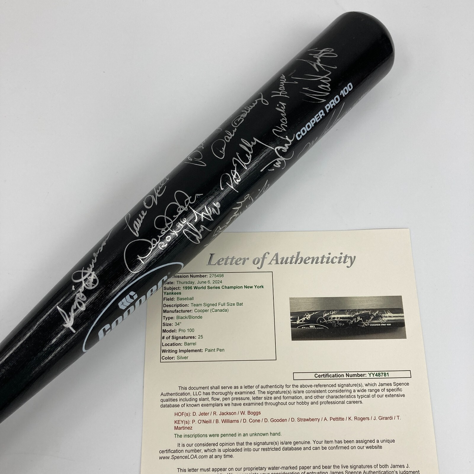 1996 NEW YORK YANKEES WORLD SERIES CHAMPS TEAM SIGNED BAT DEREK JETER JSA COA COLLECTIBLE MEMORABILIA