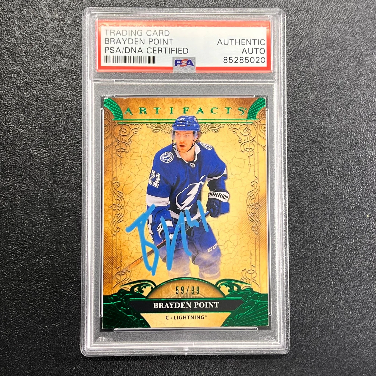 2020-21 Artifacts #44 Brayden Point Signed Card 55/99 AUTO PSA/DNA slabbed Light