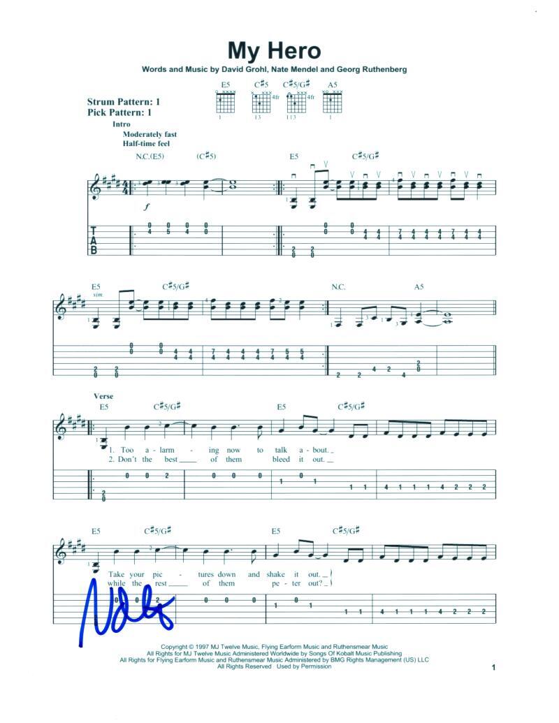 Nate Mendel Foo Fighters Signed Autograph My Hero Sheet Music by Dave Grohl