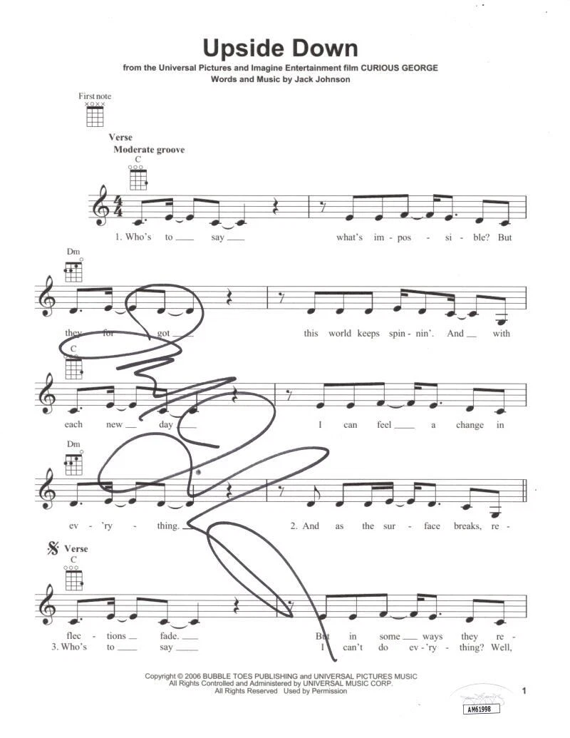 Jack Johnson Signed Autograph Upside Down Sheet Music - Curious George Movie JSA
