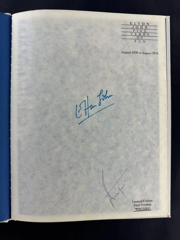 Elton John & Bernie Taupin Signed Autograph Five Years of Fun Book Beckett COA