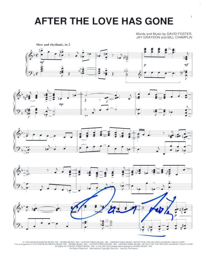 David Foster Signed Autograph Earth Wind Fire After the Love Has Gone SheetMusic