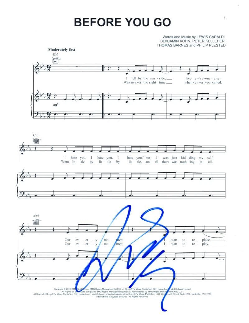 Lewis Capaldi Signed Autograph Before You Go Sheet Music - Divinely Uninspired