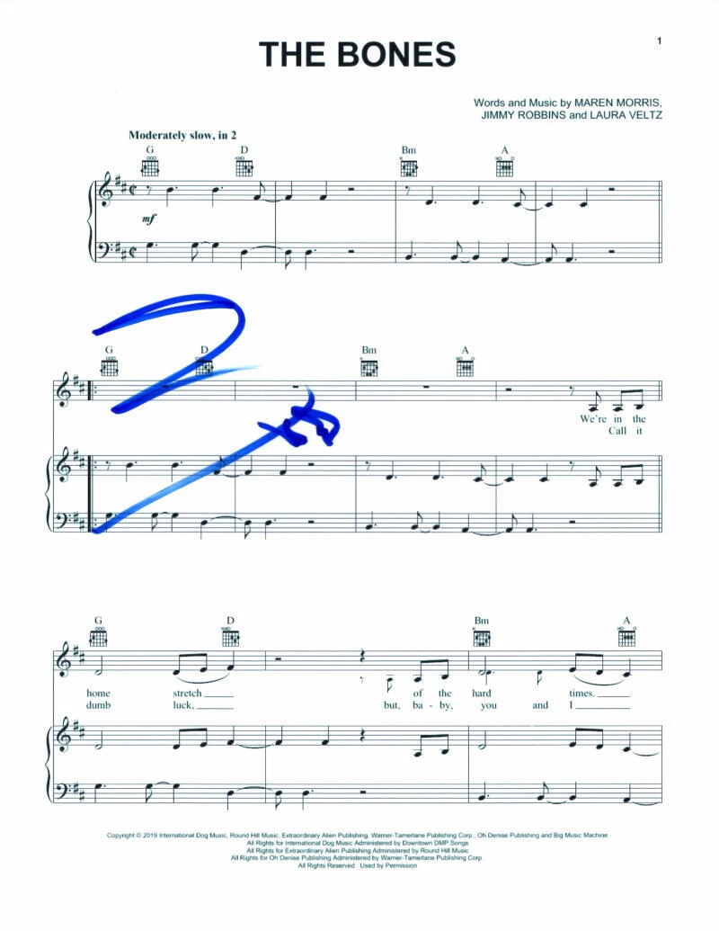 Maren Morris Signed Autograph The Bones Sheet Music - Country Music Beauty