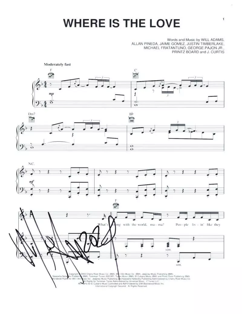 Will I Am Black Eyed Peas Signed Autograph Where is the Love Sheet Music