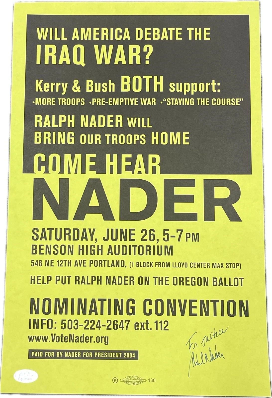 Ralph Nader Signed Poster PSA Autographed Musician