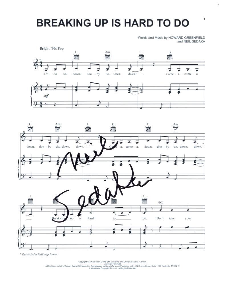 Neil Sedaka Signed Autograph Breaking Up is Hard to Do Sheet Music Greatest Hits