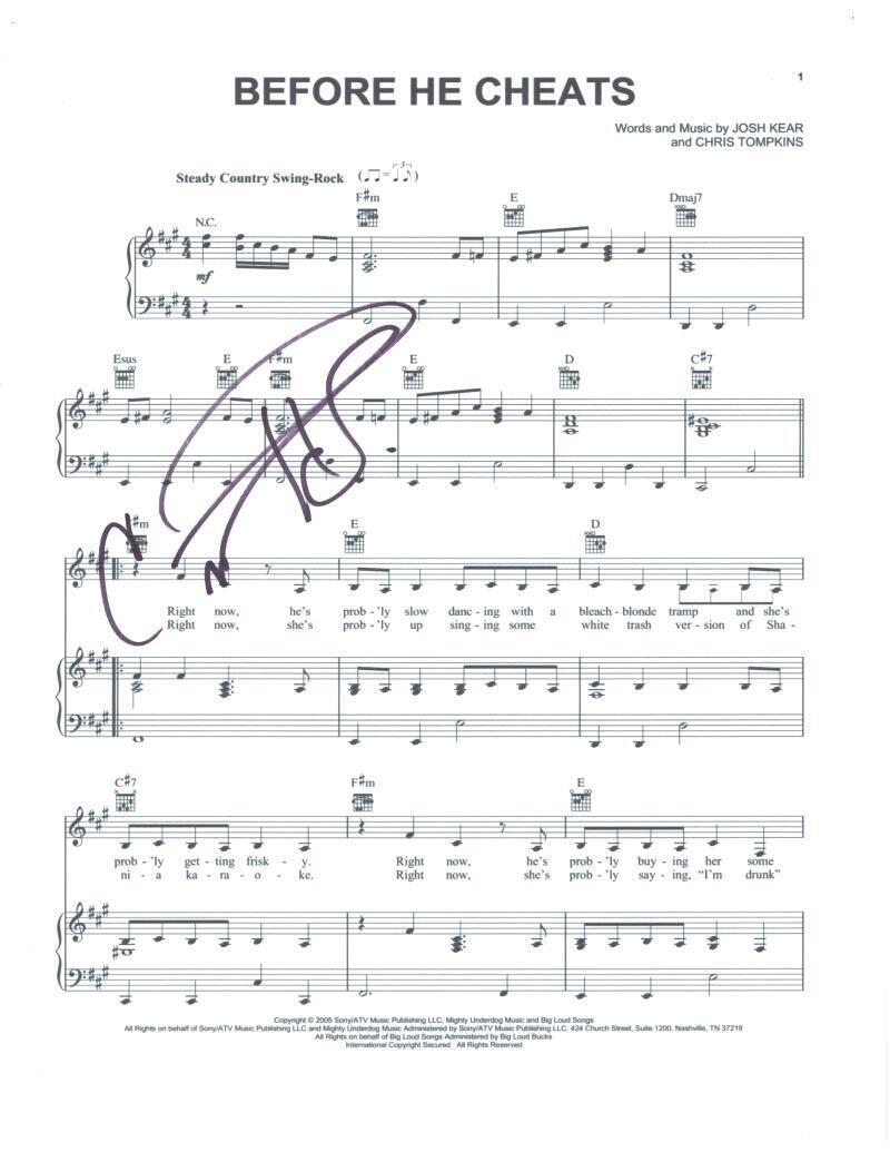 Carrie Underwood Signed Autograph Before He Cheats Sheet Music - Some Hearts