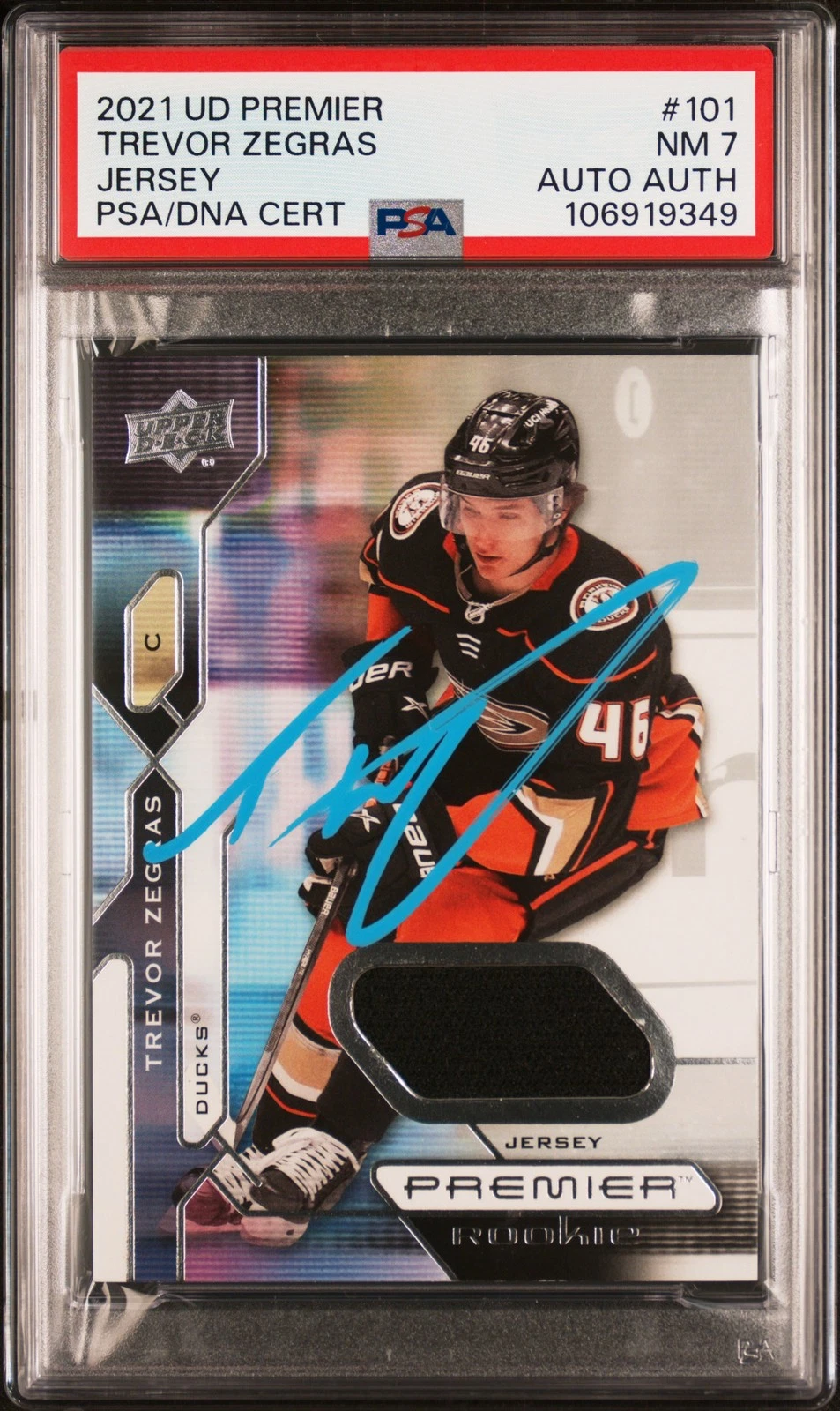 2021 Upper Deck Premier #101 Trevor Zegras Jersey signed card PSA 7 Auto A Ducks