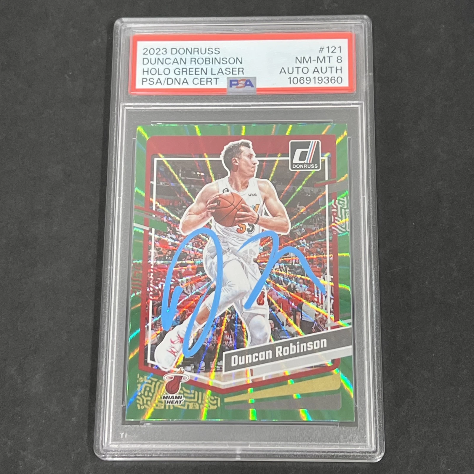 2023 Panini Donruss Green Laser #121 Duncan Robinson signed card PSA 8 Auto A