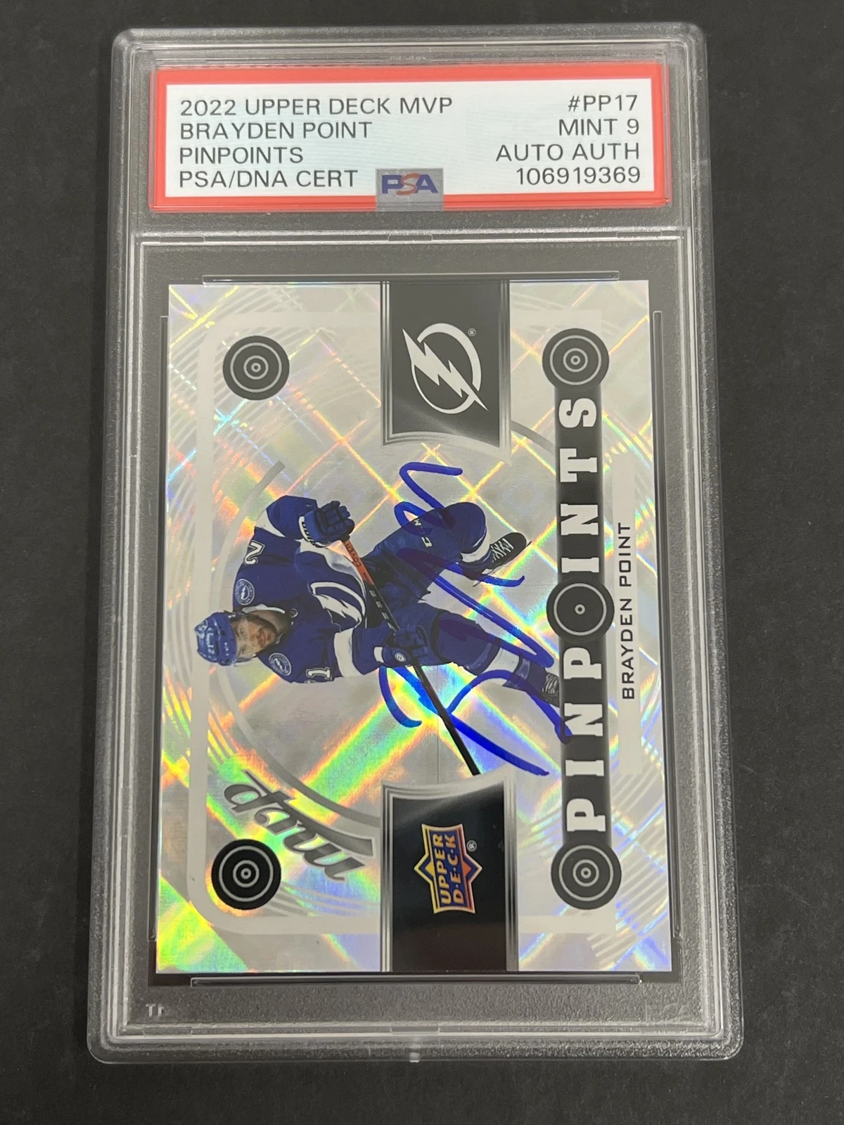 2022 Upper Deck MVP Pinpoints #PP17 Brayden Point signed card PSA 9 Auto A