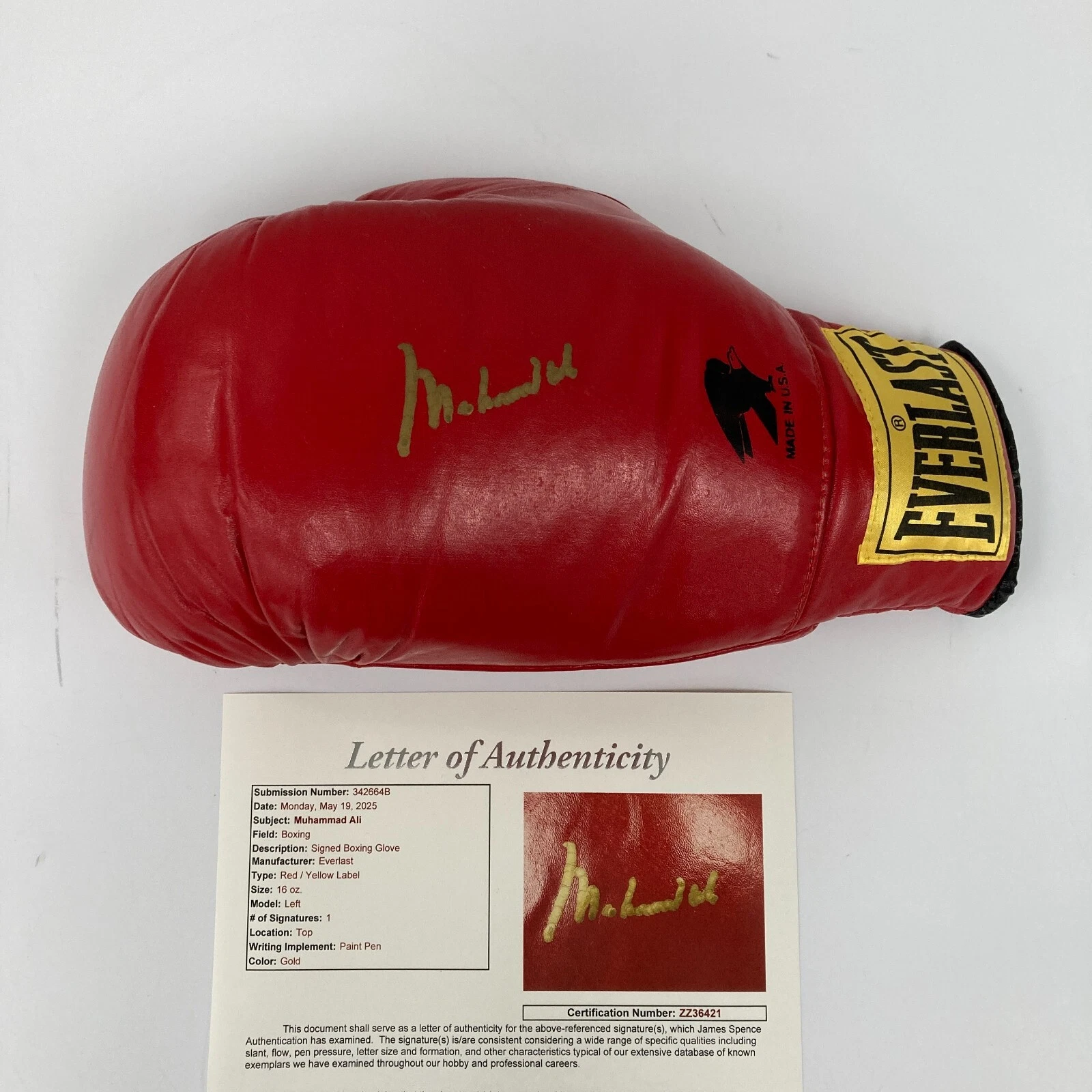 Muhammad Ali Signed Everlast Boxing Glove Gold Ink Signature JSA COA