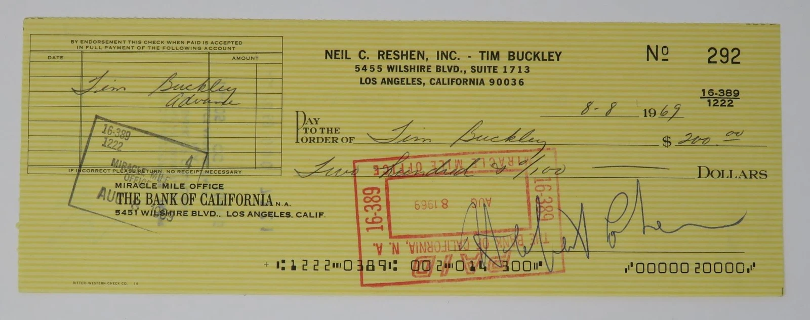 TIM BUCKLEY Signed Autograph Auto 1968 Check JSA