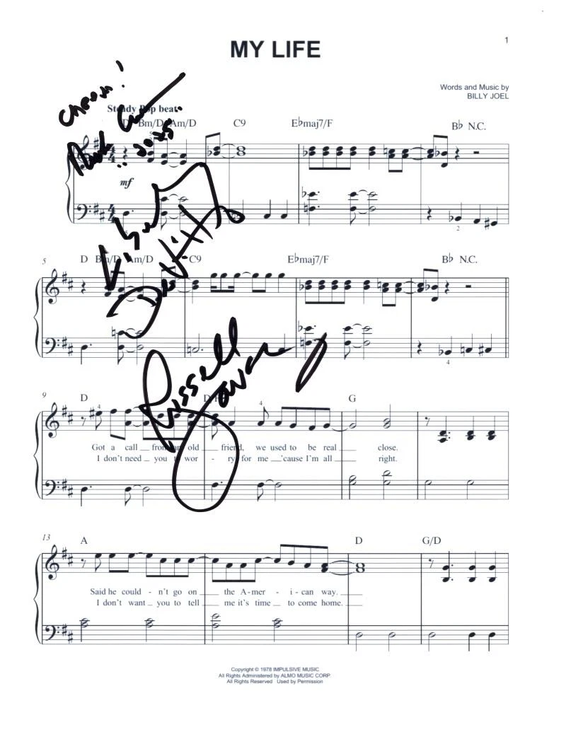 The Lords of 52nd Street Signed Autograph My Life Sheet Music Billy Joel 's Band