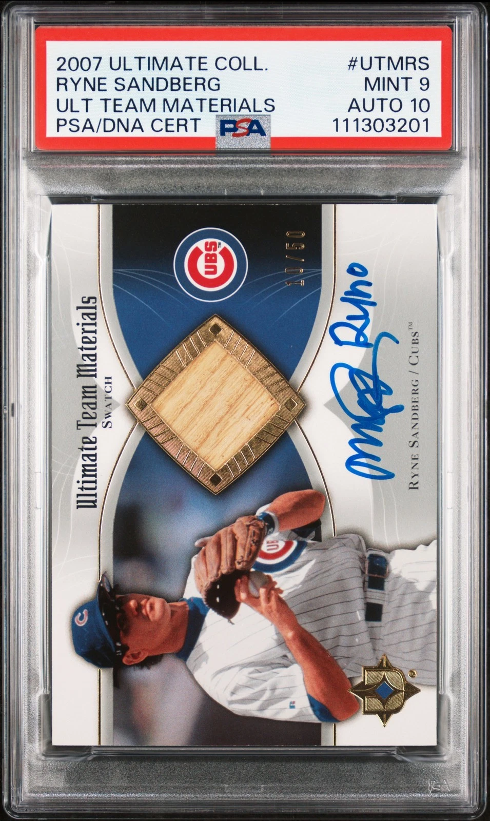 2007 Ultimate Coll Ult Tm Mat #UTMRS Ryne Sandberg 10/50 card PSA 9 Auto 10