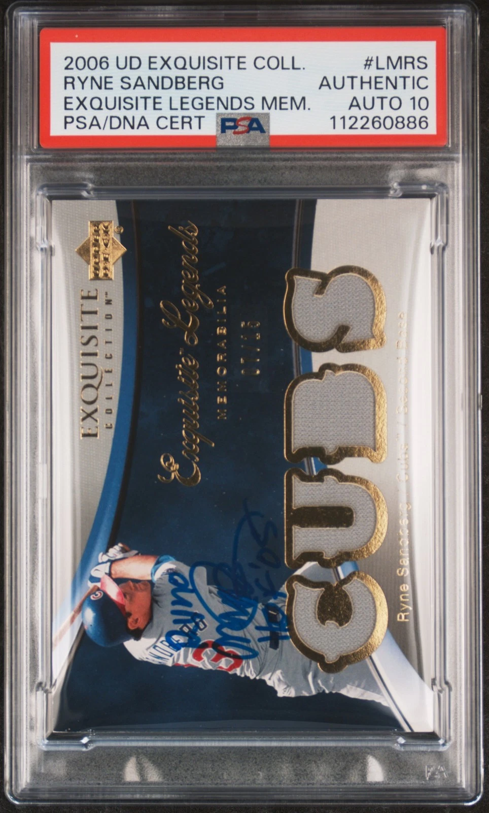 2006 UD Exq Coll Exq Lgnds Mem #LMRS Ryne Sandberg 07/15 card PSA A Auto 10