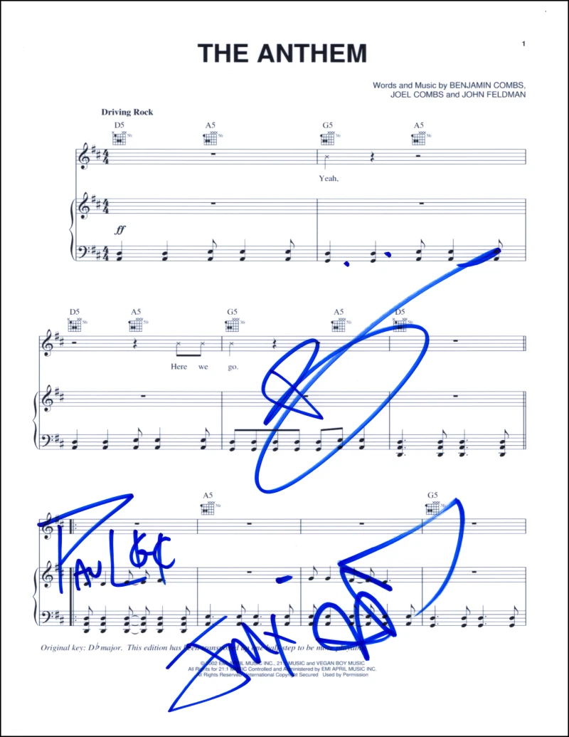 Good Charlotte Signed Autograph The Anthem Sheet Music - Benji & Joel Madden +2