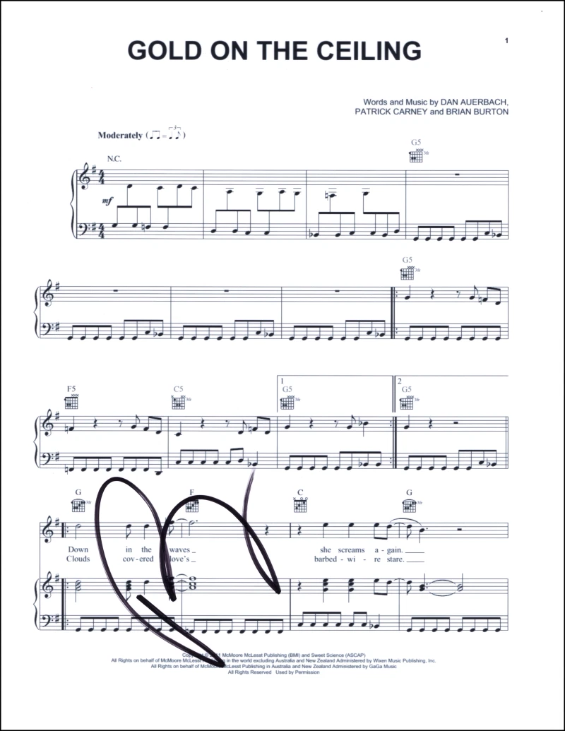 Patrick Carney The Black Keys Signed Autograph Gold on the Ceiling Sheet Music