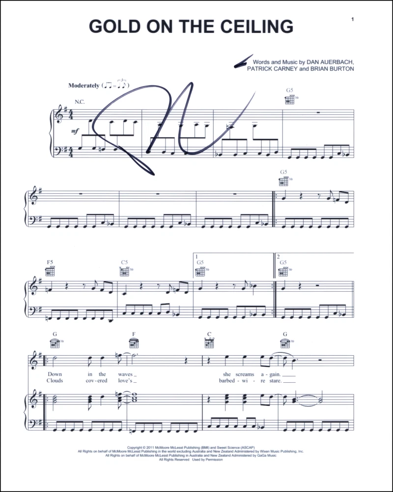 Dan Auerbach The Black Keys Signed Autograph Gold on the Ceiling Sheet Music