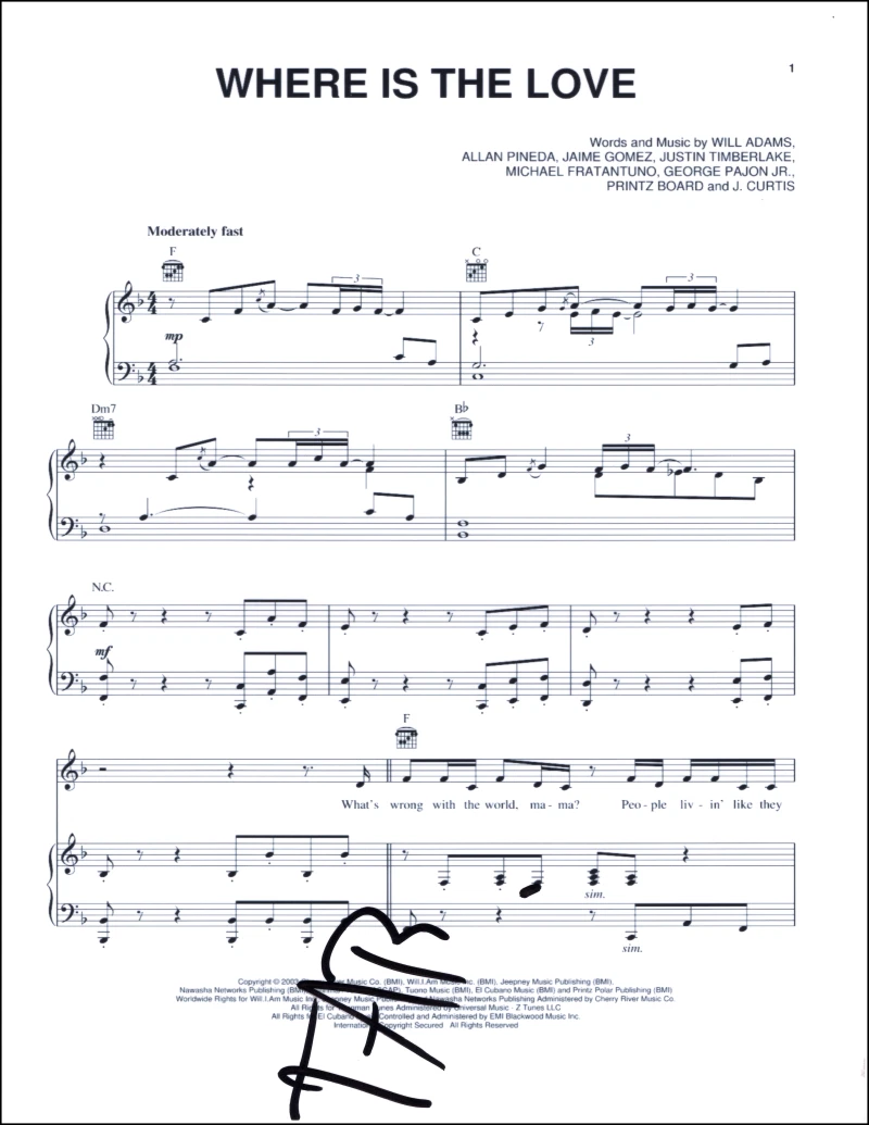 Taboo Black Eyed Peas Signed Autograph Where is the Love Sheet Music - Elephunk