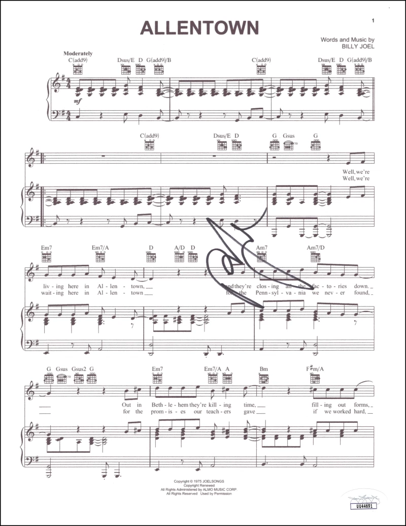 Billy Joel Signed Autograph Allentown Sheet Music - The Nylon Curtain JSA COA