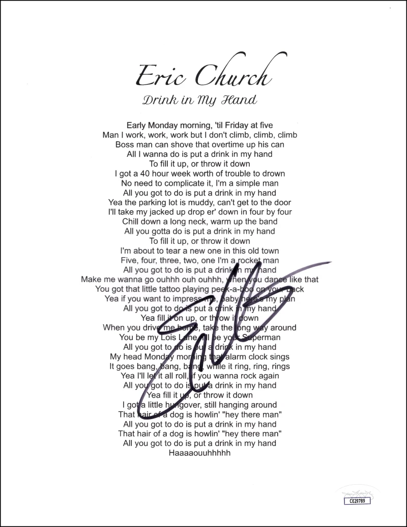 Eric Church Signed Autograph Drink in My Hand Lyric Sheet Music w/ JSA COA