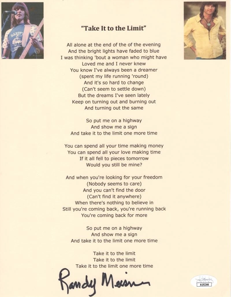 Randy Meisner Signed Autograph Eagles Take It to the Limit Lyric Sheet - JSA COA