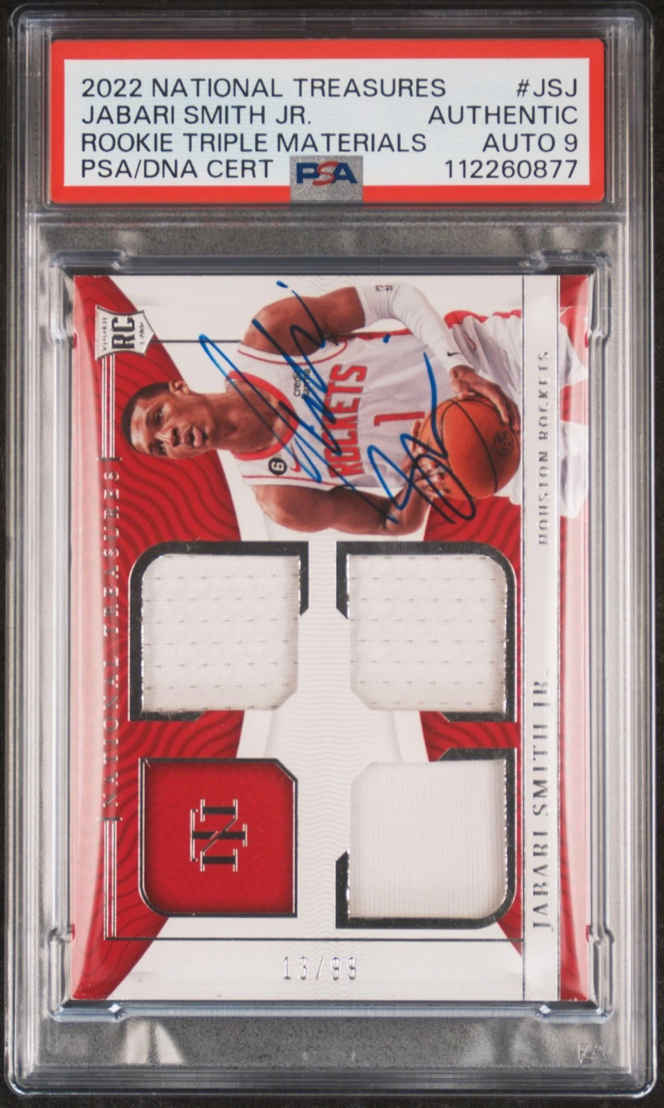 2022 Panini Ntnl Trsr Rki Trpl Mat #JSJ Jabari Smith 13/99 signed PSA A Auto 9
