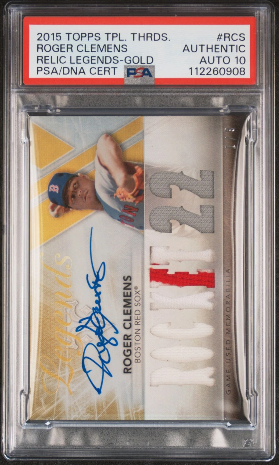 2015 Topps Triple Thrds Relic Lgnds #RCS Roger Clemens Gold signed PSA A Auto 10