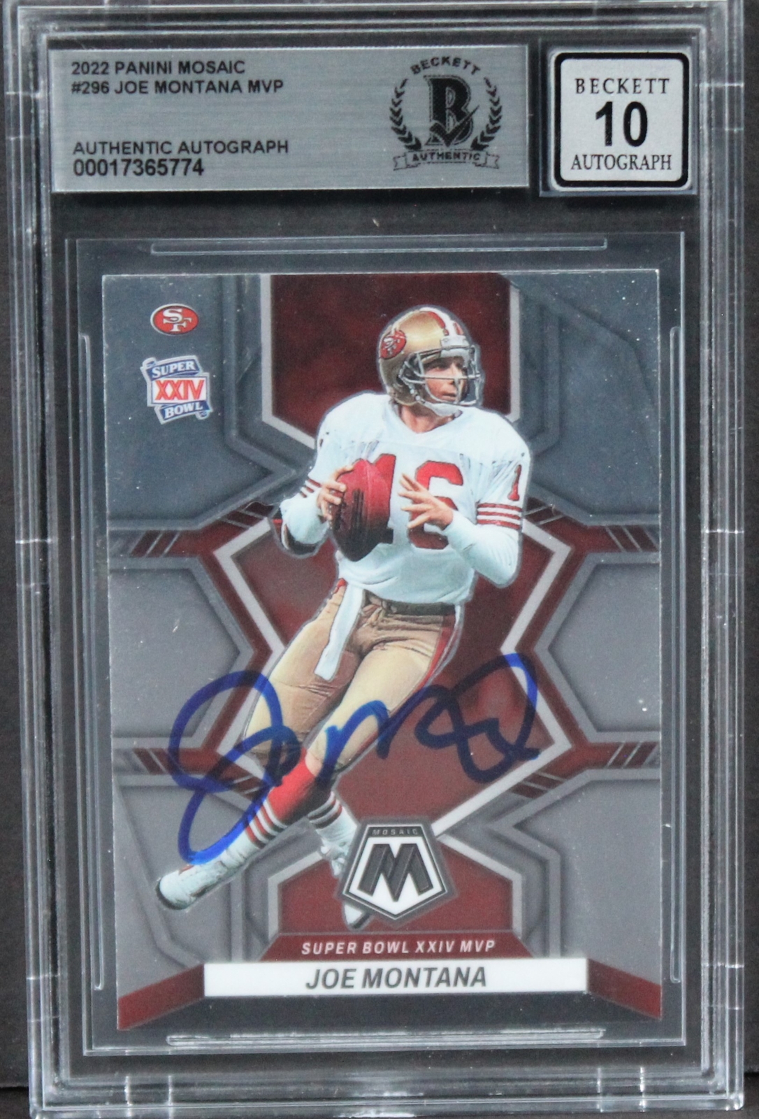 49ERS JOE MONTANA SIGNED 2022 PANINI MOSAIC #296 MVP CARD AUTO 10! BAS SLABBED COLLECTIBLE MEMORABILIA
