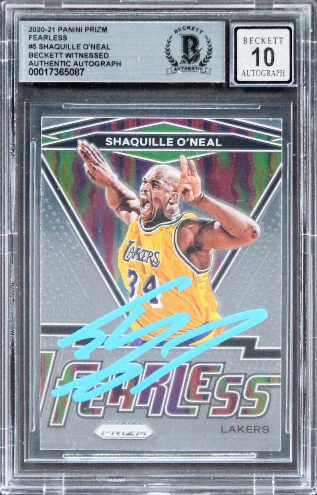 SHAQUILLE O’NEAL SIGNED 2020 PANINI PRIZM FEARLESS #5 CARD AUTO 10! BAS SLABBED COLLECTIBLE MEMORABILIA