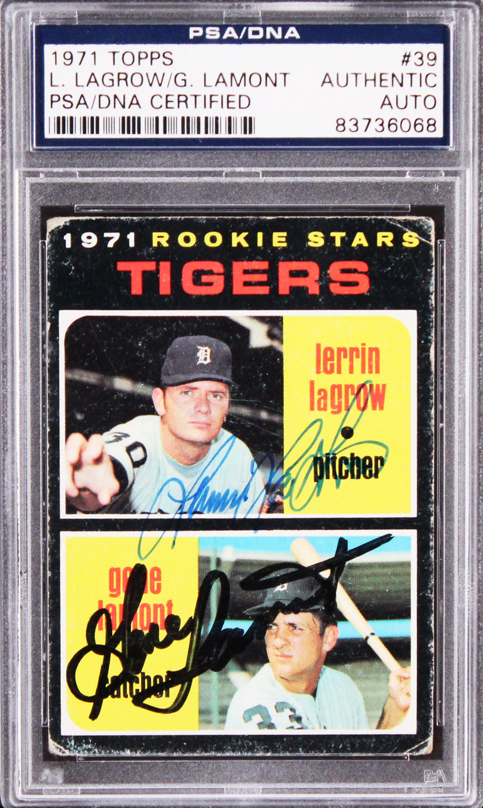 TIGERS GENE LAMONT & LERRIN LAGROW AUTHENTIC SIGNED 1971 TOPPS #39 CARD PSA SLAB COLLECTIBLE MEMORABILIA