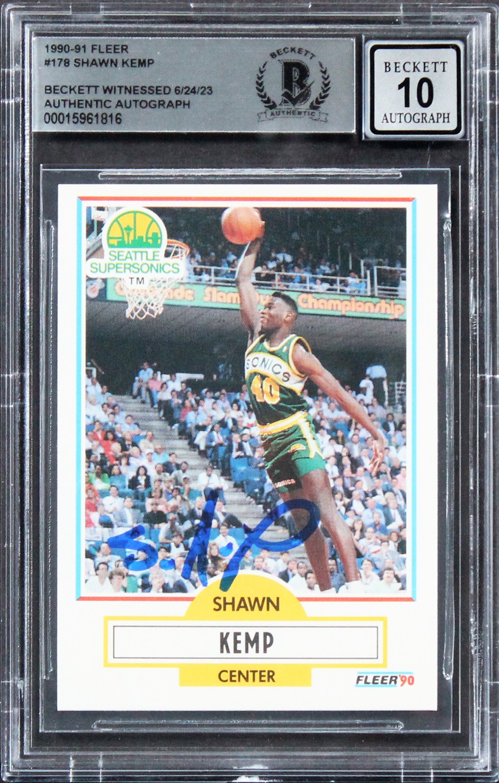 Sonics Shawn Kemp Signed 1990 Fleer #178 Rookie Card Auto 10! BAS Slabbed