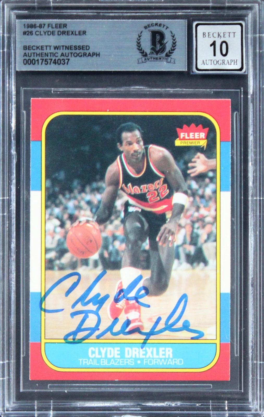 BLAZERS CLYDE DREXLER SIGNED 1986 FLEER #26 ROOKIE CARD AUTO 10! BAS SLABBED COLLECTIBLE MEMORABILIA
