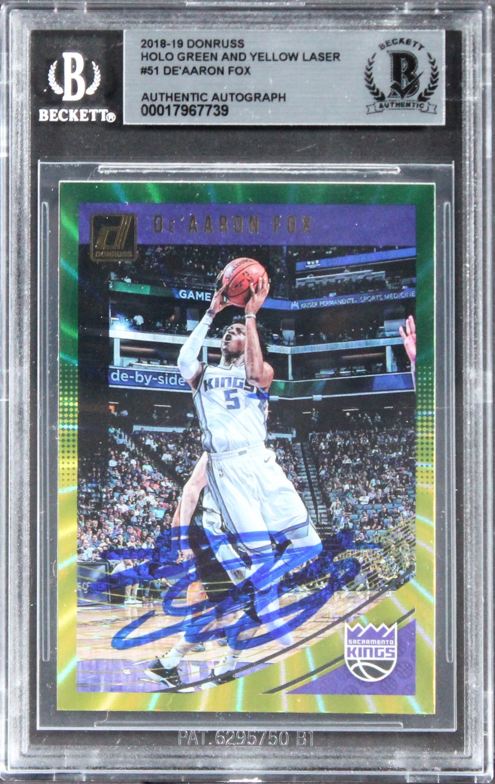 De'Aaron Fox Signed 2018 Donruss Holo Green And Yellow Laser #51 Card BAS Slab